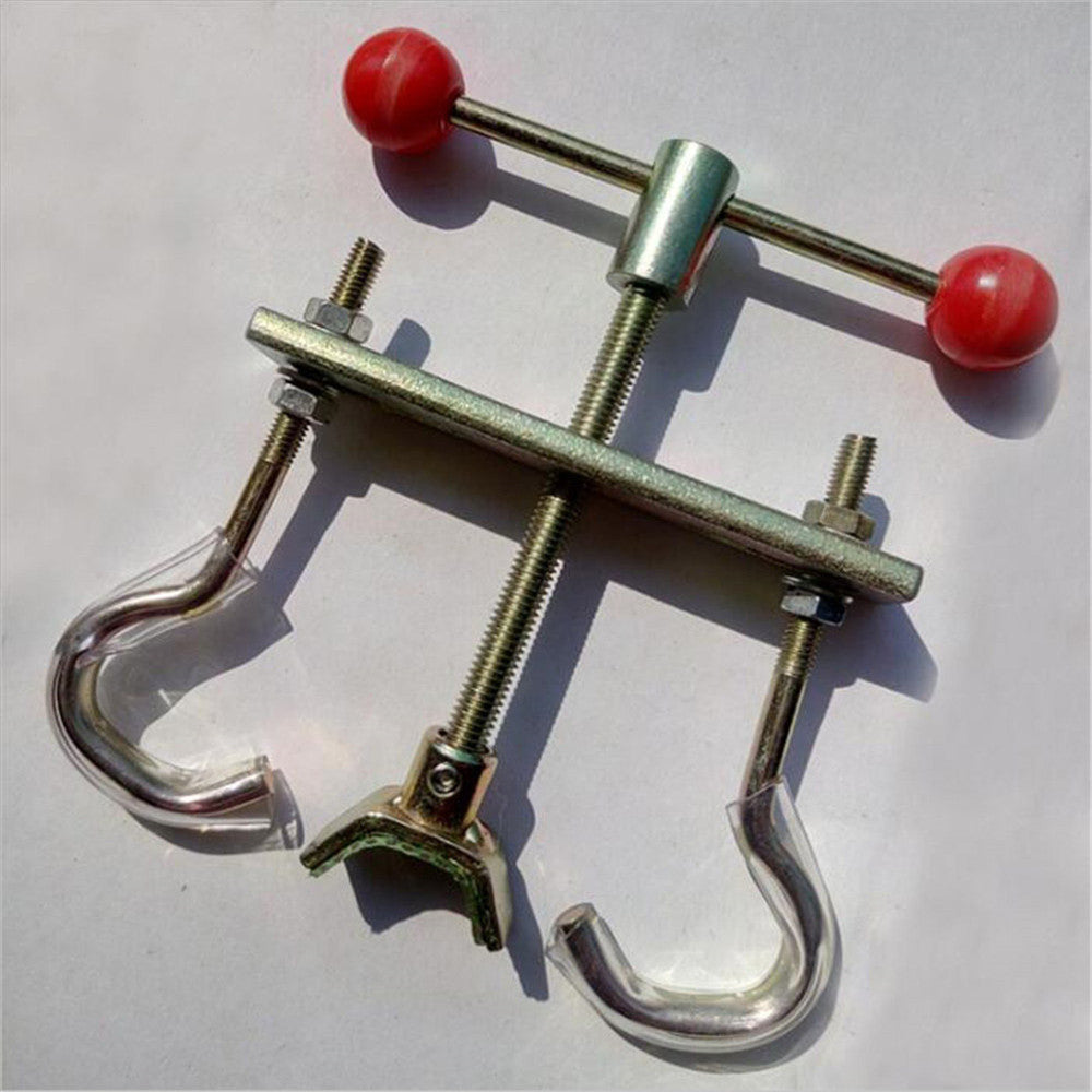 Metal branch bender showing threaded rods, hooks and red handles