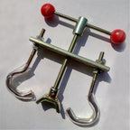 Metal branch bender showing threaded rods, hooks and red handles