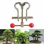 Adjustable metal branch bender with red ball-ended handle above bonsai display examples