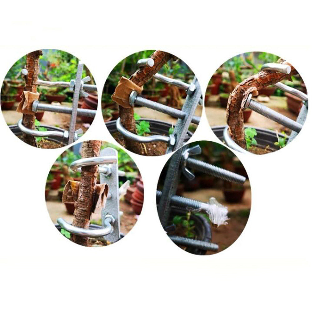 Collage of a branch bender positioned around padded tree branches