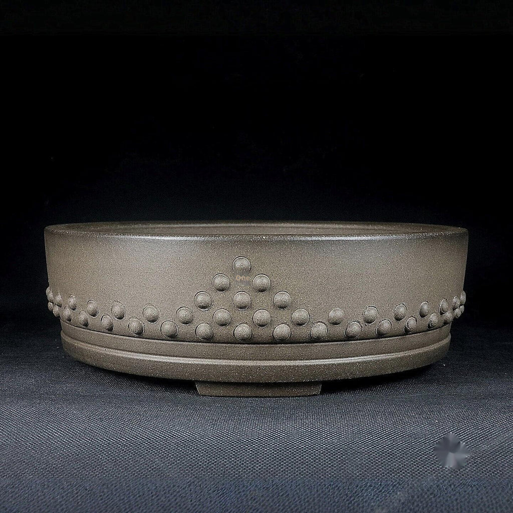 Gray round purple-clay drum bonsai pot, side view