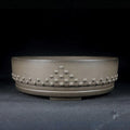Gray round purple-clay drum bonsai pot, side view