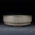 Gray round purple-clay drum bonsai pot, side view