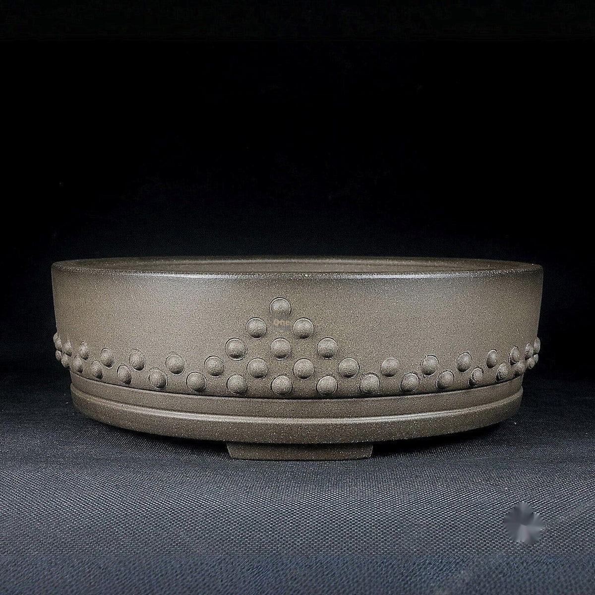 Gray round purple-clay drum bonsai pot, side view
