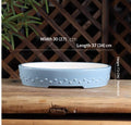 Pale blue oval bonsai pot with raised studs around the base, with measurement labels
