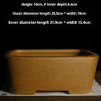 Front measurement view of the ochre pot showing exterior and interior dimensions