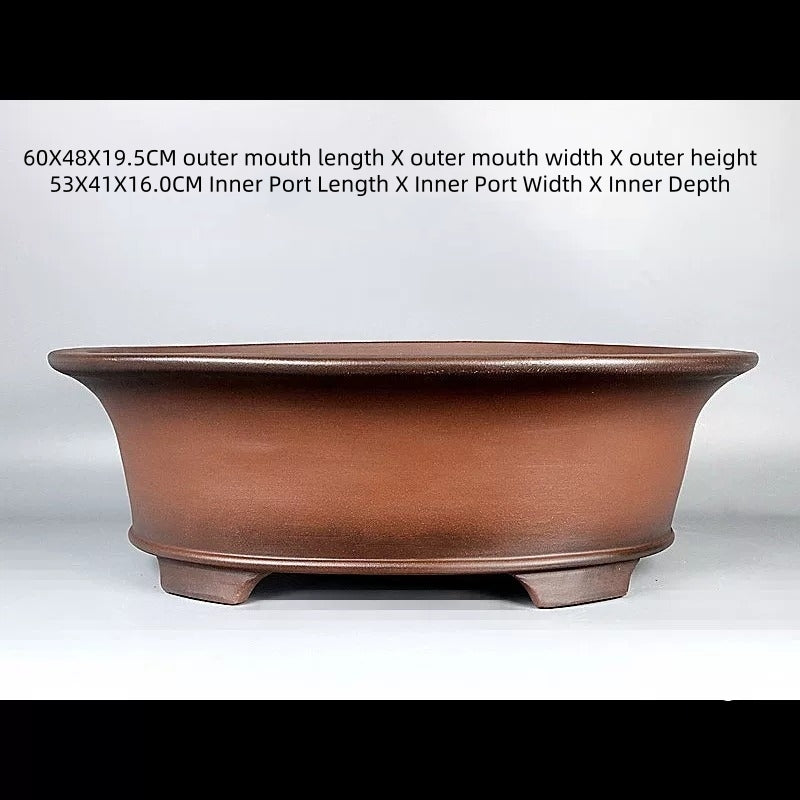 Brown oval pot with exterior and interior measurement labels