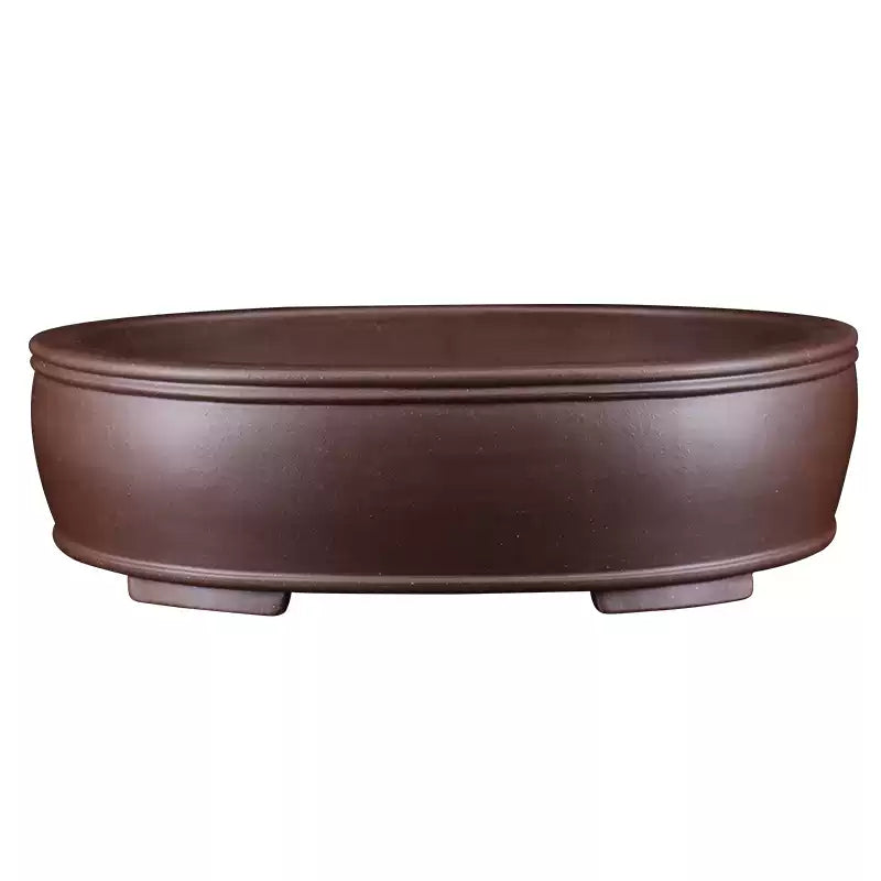 Isolated side view of brown oval bonsai pot with double rim