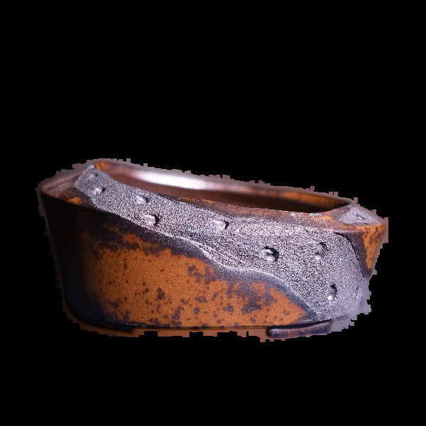 11.6" Oval Yixing Zisha Clay Bonsai Pot - Wood-Fired, Asymmetric Rim — isolated profile