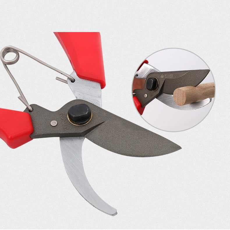 Open pruning shears showing curved bypass blades and return spring