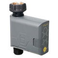 Gray Orbit B-hyve hose timer with one threaded outlet, black faucet coupling and yellow manual button