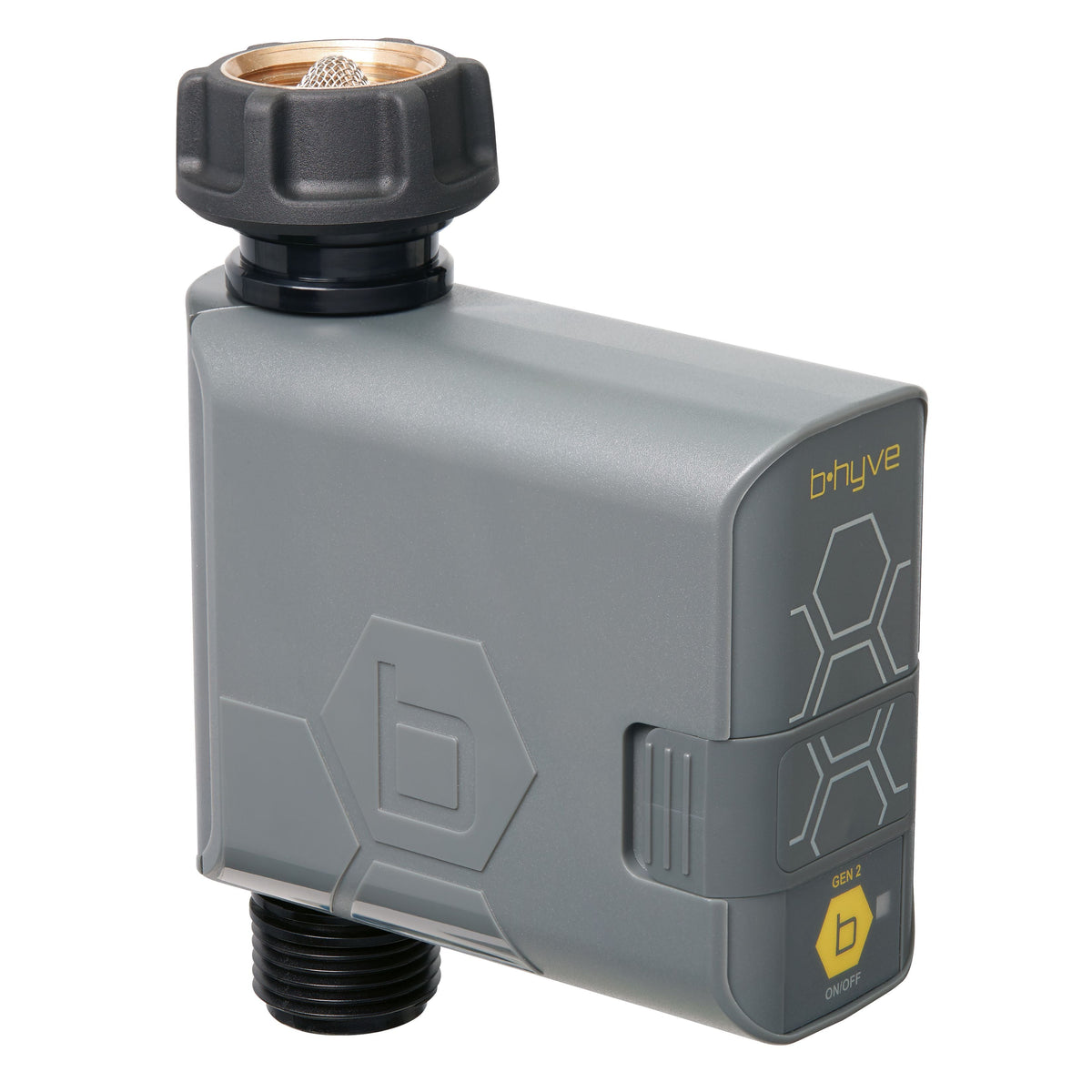 Gray Orbit B-hyve hose timer with one threaded outlet, black faucet coupling and yellow manual button