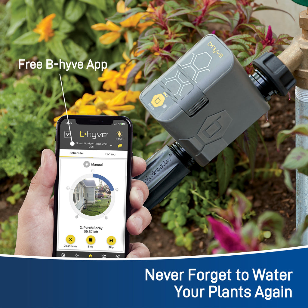 Promotional graphic showing a phone with the B-hyve app beside a timer connected to a garden faucet