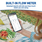 Flow-meter promotional graphic showing a phone displaying water-use charts