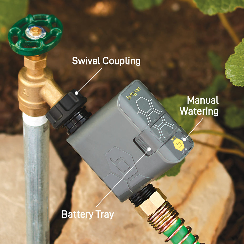 Installed B-hyve timer with callouts for swivel coupling, manual watering button and battery tray