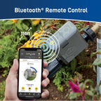 Bluetooth control graphic showing a phone, hose timer and a labeled 150-foot connection range