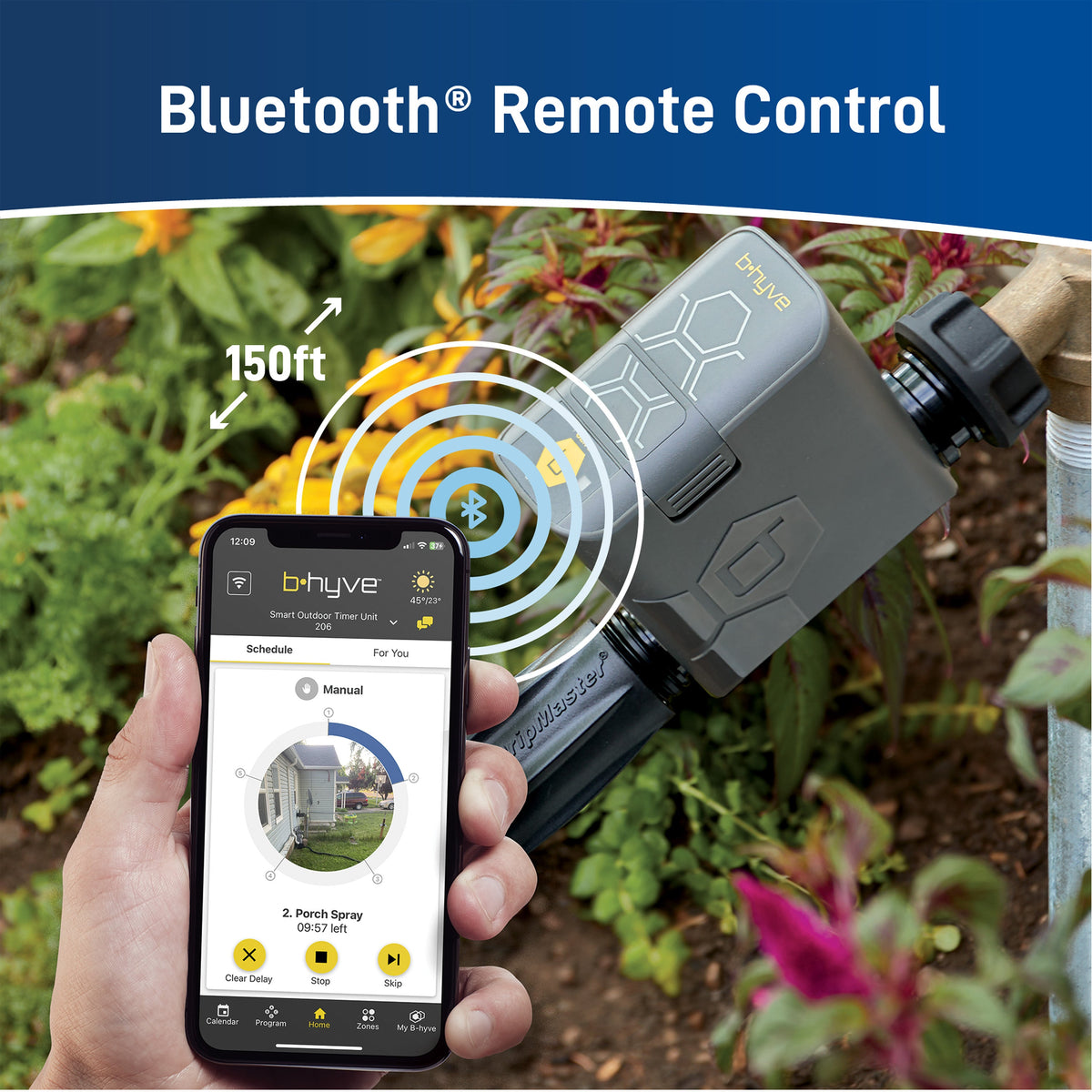 Bluetooth control graphic showing a phone, hose timer and a labeled 150-foot connection range