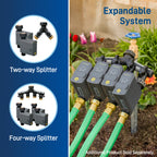 Expansion graphic showing hose splitters and several B-hyve timers connected to garden hoses