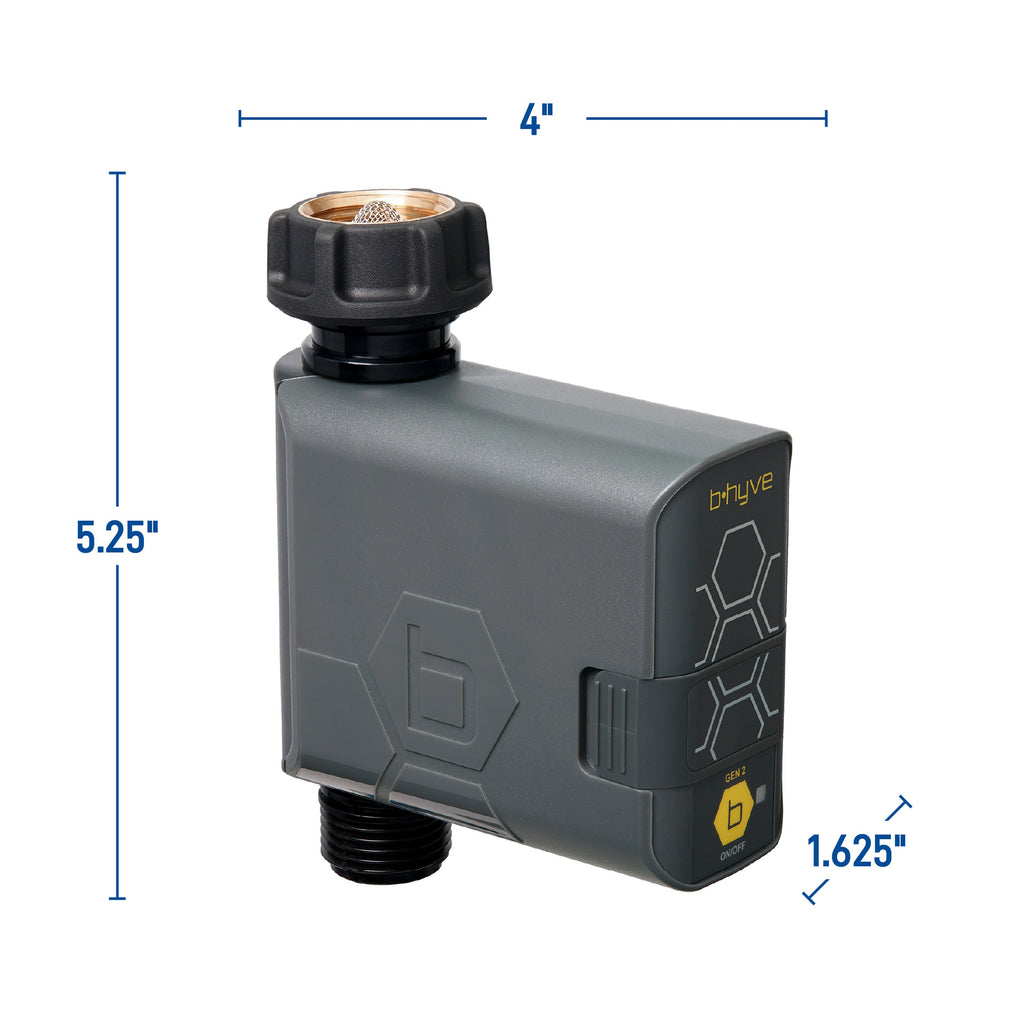 Dimension graphic of the gray B-hyve timer labeled 4 by 5.25 by 1.625 inches