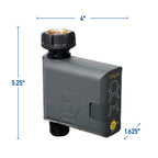 Dimension graphic of the gray B-hyve timer labeled 4 by 5.25 by 1.625 inches
