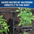 Soaker hose laid between plants with an inset showing water beads on the hose