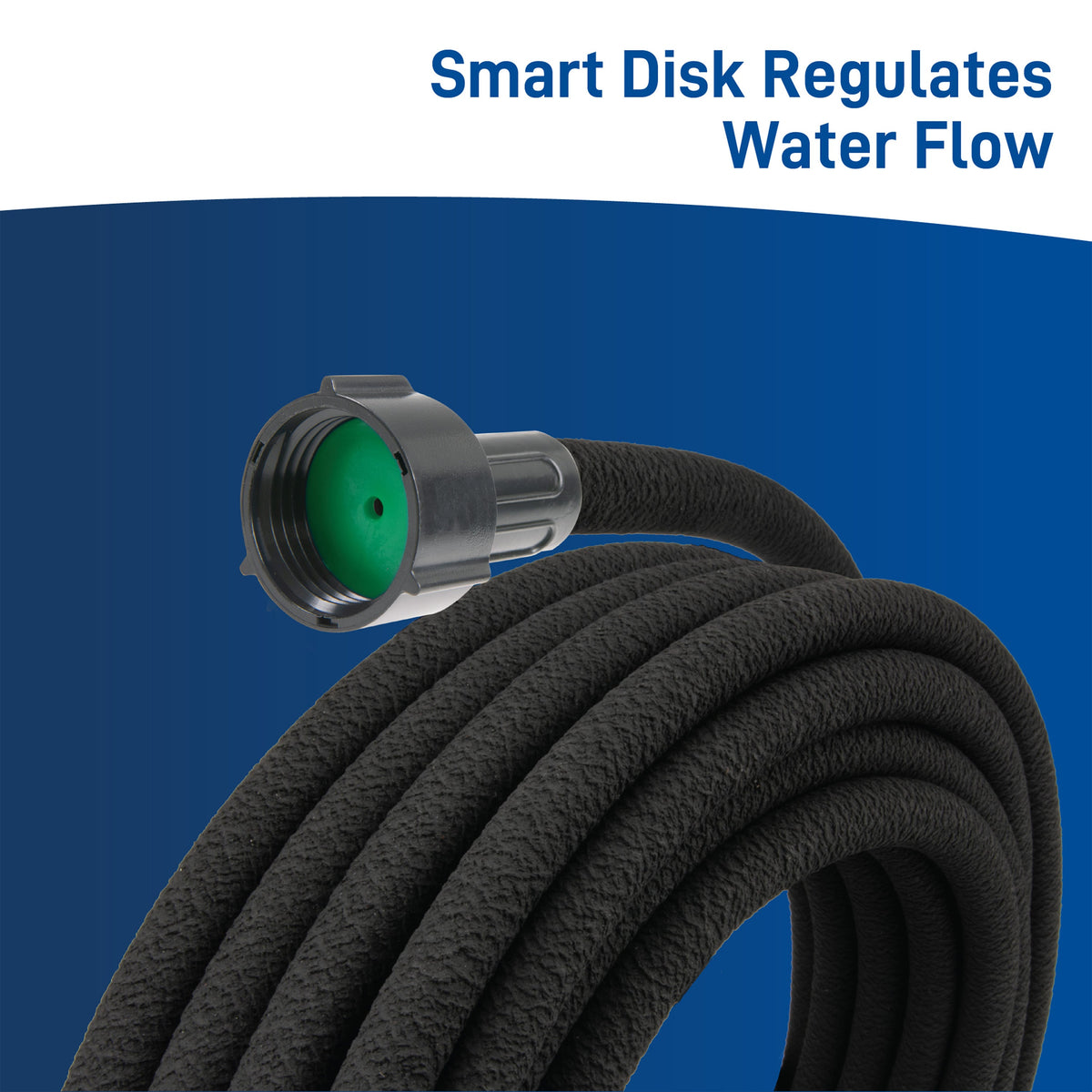 Flow-control graphic showing a green disc inside a hose connector