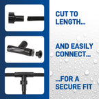 Assembly graphic showing hose cutting, fitting insertion and a completed tee connection