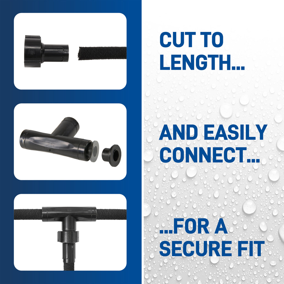 Assembly graphic showing hose cutting, fitting insertion and a completed tee connection