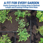 Soaker hose arranged in a planted garden bed with text about cutting it to length