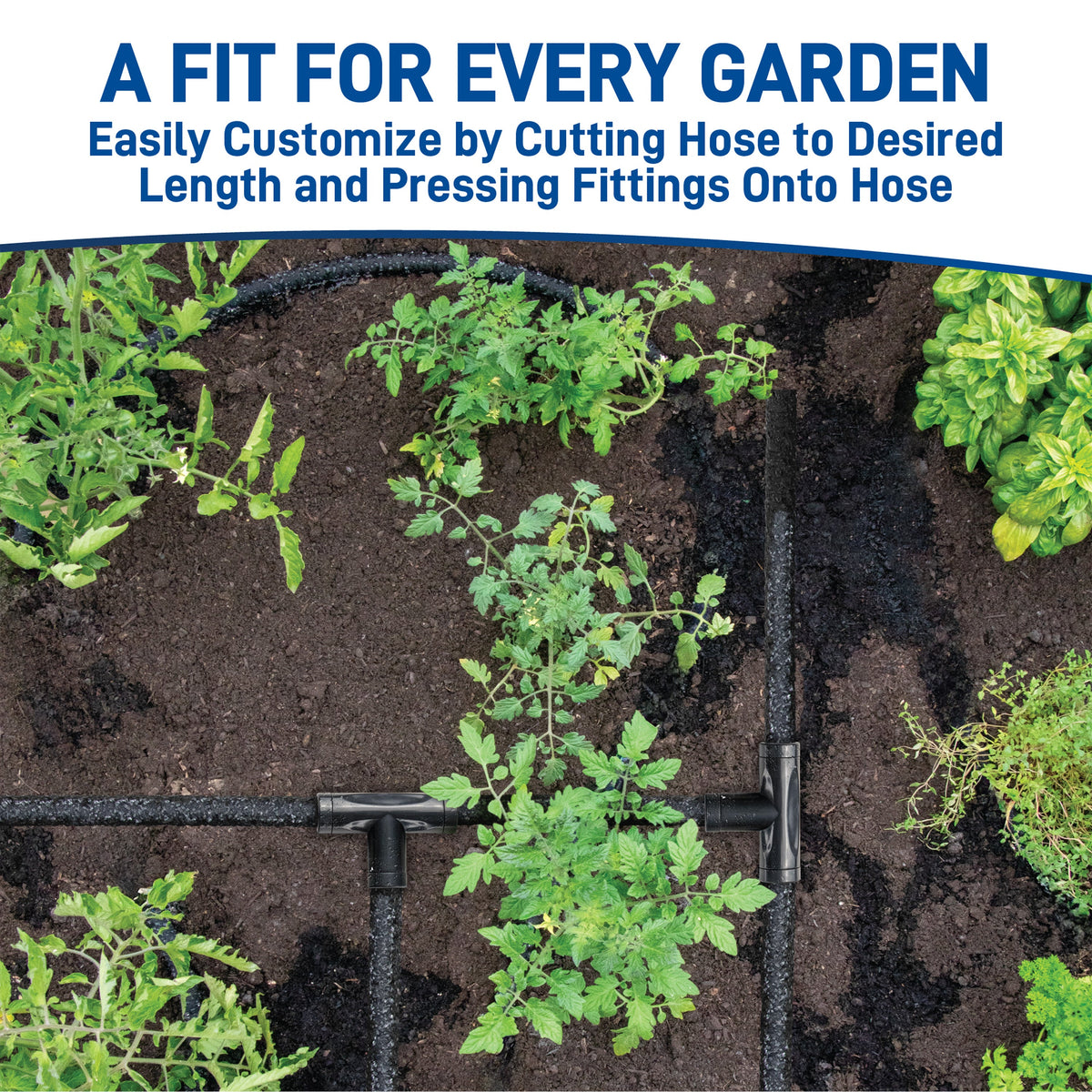 Soaker hose arranged in a planted garden bed with text about cutting it to length