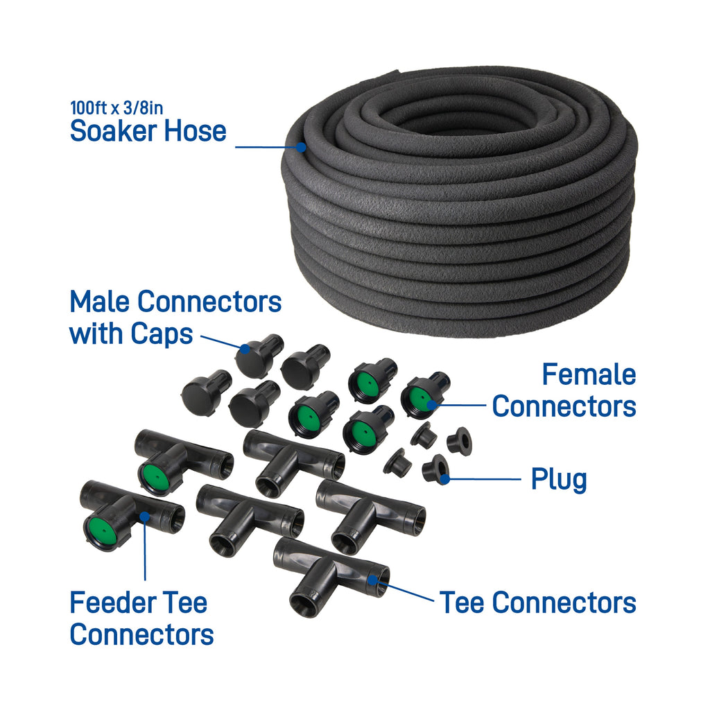 Parts diagram labeling a 100-foot soaker hose and its connectors, tees, caps and plugs