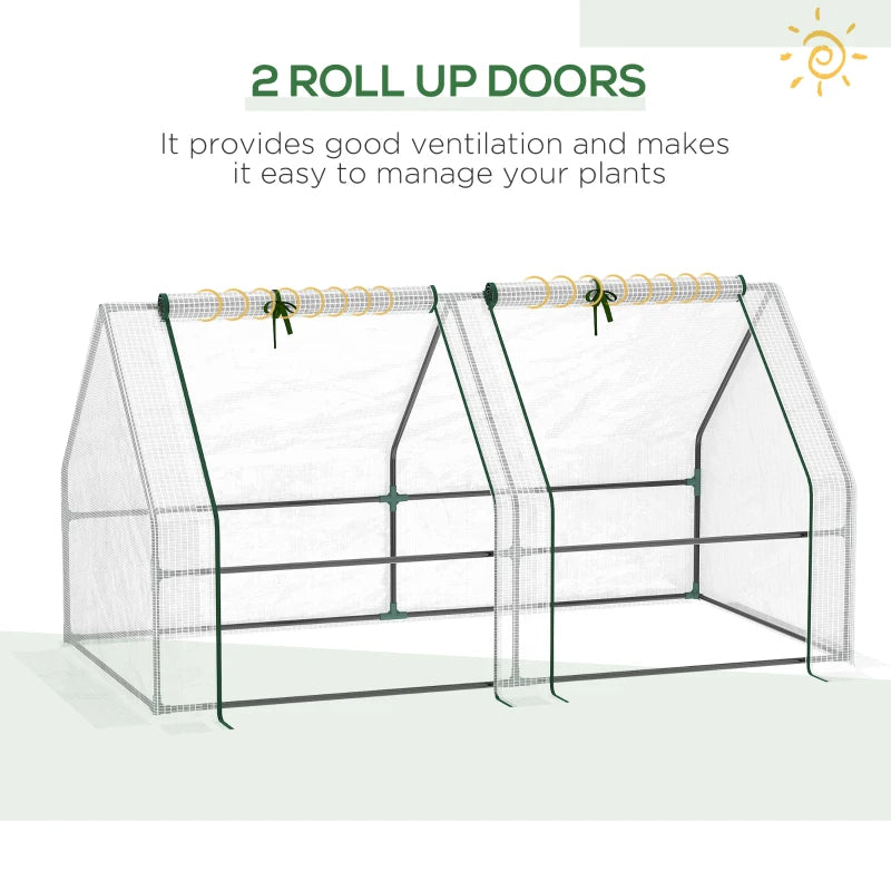 Two roll-up doors on white PE mini greenhouse