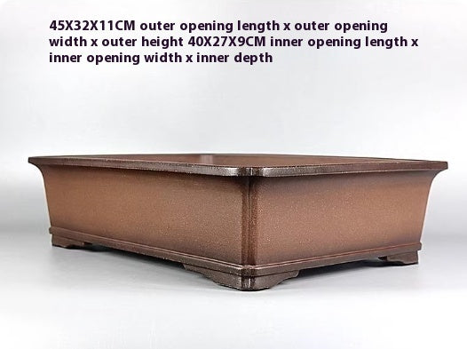 Angled brown rectangular pot with measurement labels