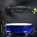 Large cobalt blue oval bonsai pot with decorative feet and exterior and interior measurement arrows