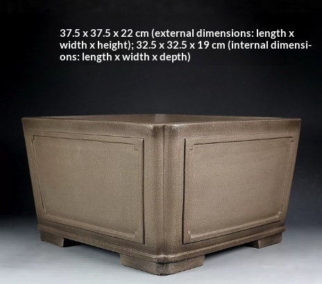 Angled taupe square pot with measurement labels