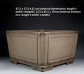Angled taupe square pot with measurement labels