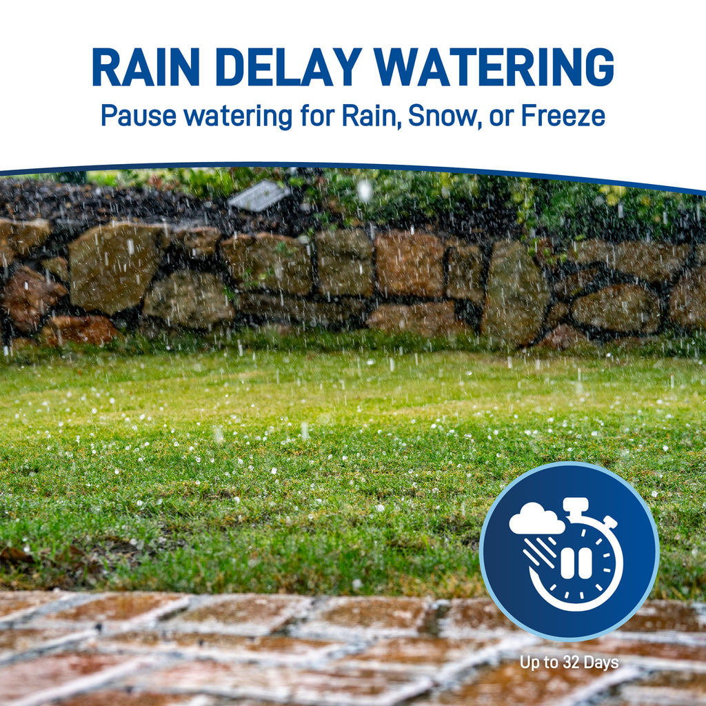 Rain-delay promotional graphic showing a rainy lawn and text about pausing watering
