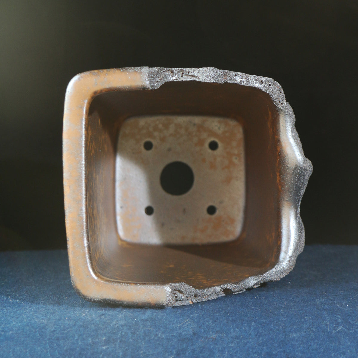 9.1" Cascade Yixing Zisha Clay Bonsai Pot - Wood-Fired, Sculpted Rim — inside view with drainage openings