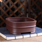 Angled view of brown rounded square pot showing interior