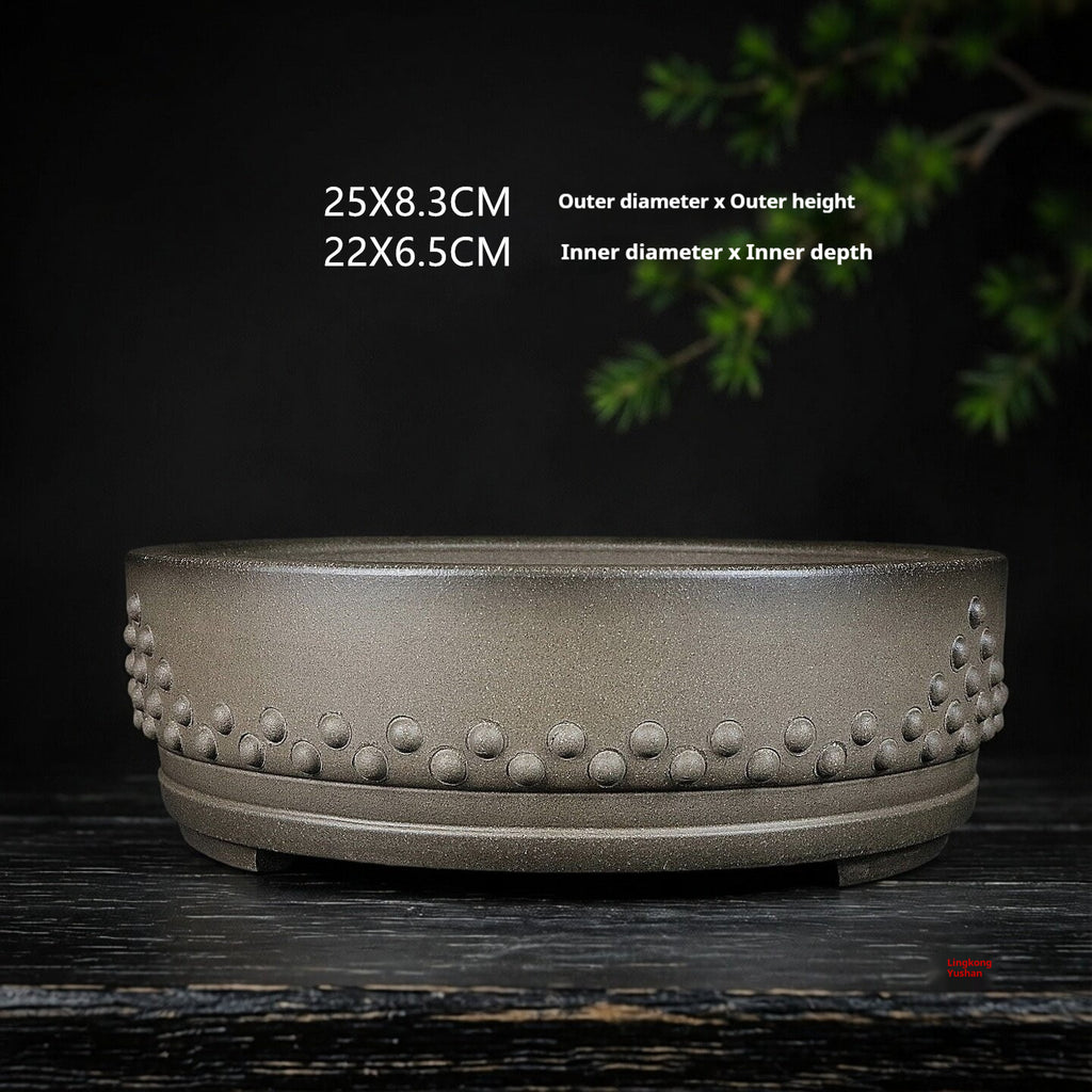Gray drum bonsai pot with outer and inner size annotations