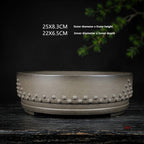 Gray drum bonsai pot with outer and inner size annotations
