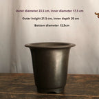 Dark round bonsai pot with exterior and interior measurement labels