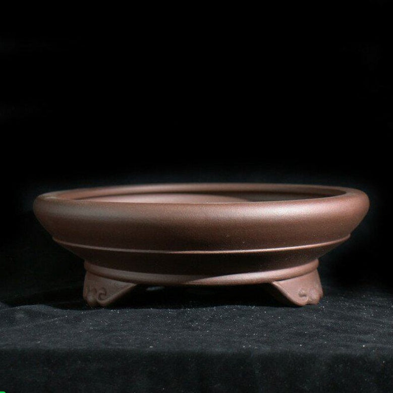 Brown round Zisha bonsai pot with cloud feet