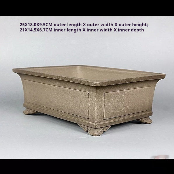 Angled taupe paneled rectangular pot with measurement labels