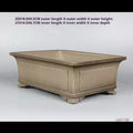 Angled taupe paneled rectangular pot with measurement labels