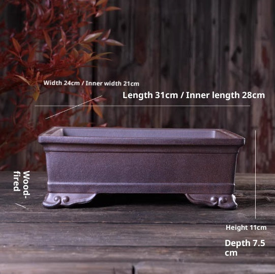 Purple-brown rectangular pot with exterior and interior measurement labels