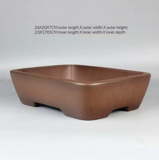 Angled brown soft-corner pot with measurement annotations