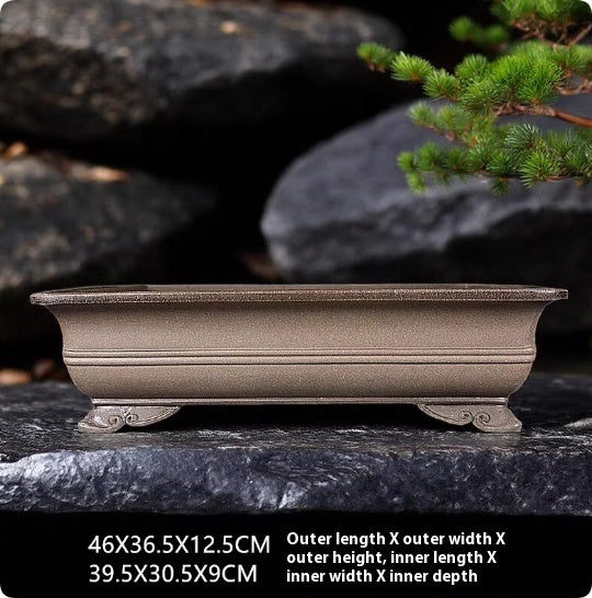 Rectangular clay bonsai pot with cloud-style feet