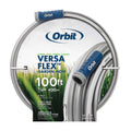 Packaged Orbit VersaFlex gray garden hose with blue couplings and a label reading 100 ft