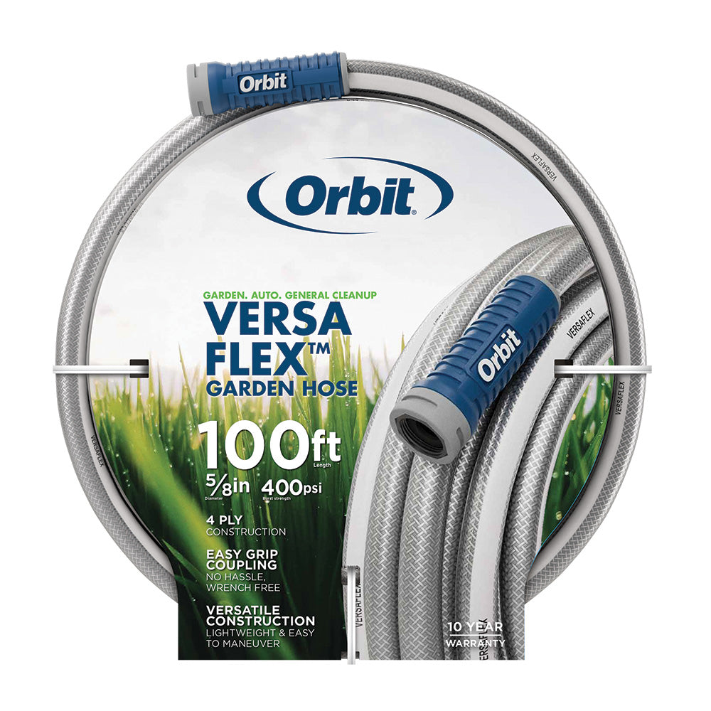 Packaged Orbit VersaFlex gray garden hose with blue couplings and a label reading 100 ft